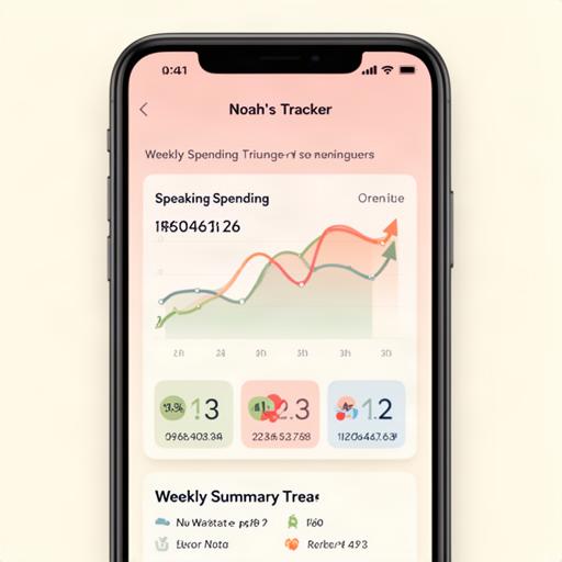 Close-up of phone screen showing colorful budget trend charts with weekly comparison bars and category breakdown in soft pinks and greens