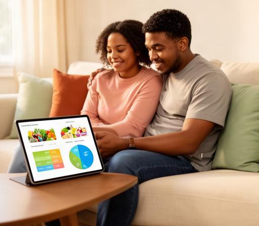 Couple sitting together on a couch reviewing household budget on a tablet, with categories for groceries, childcare, and utilities visible