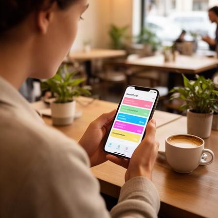 Person reviewing colorful spending breakdown on phone while sitting at a coffee shop, highlighting dining and entertainment categories