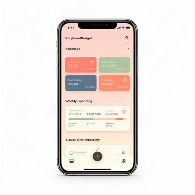 Smartphone displaying a colorful budget dashboard with category charts and weekly spending summary on a clean light background